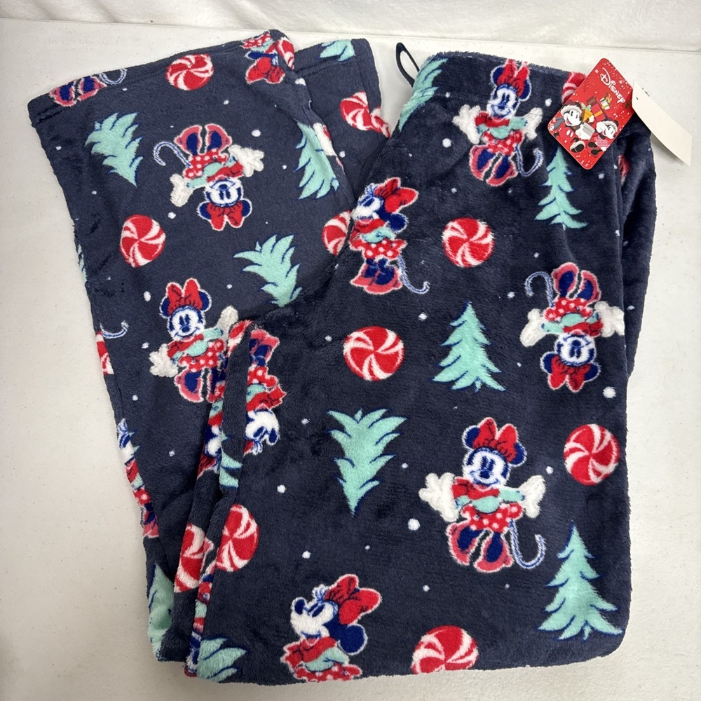 Junior Disney Minnie Mouse Holiday Christmas Fleece Lounge Pajama Pants Navy Med